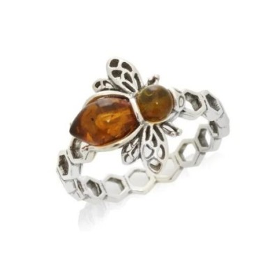 Bague abeille avec ambre cognac naturel