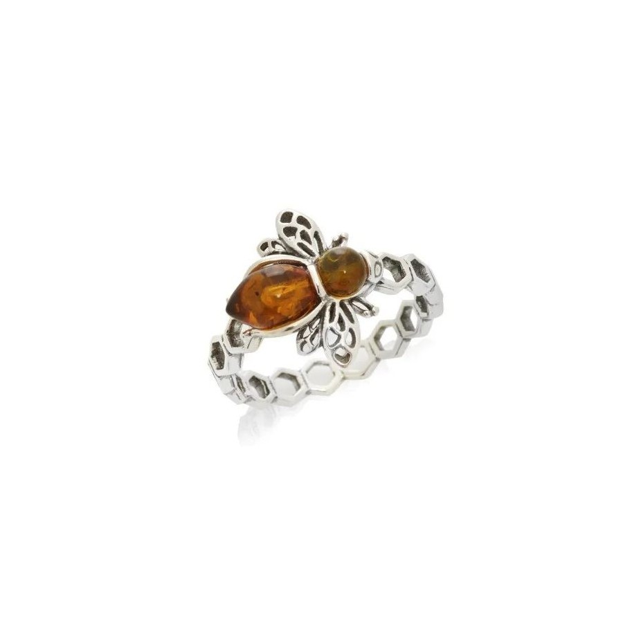 Bague abeille avec ambre cognac naturel