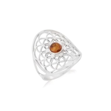 Bague fleur de vie avec ambre cognac naturel