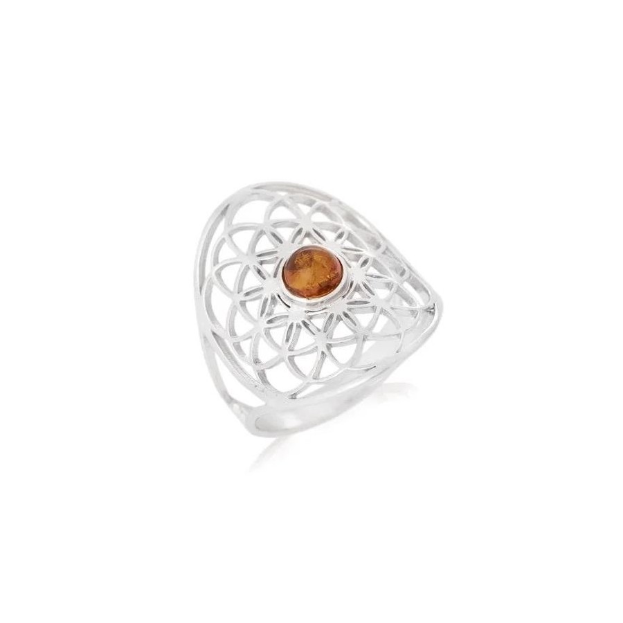 Bague fleur de vie avec ambre cognac naturel