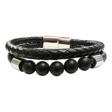 Bracelet 2 rangs de cuir et 5 perles en pierres naturelles