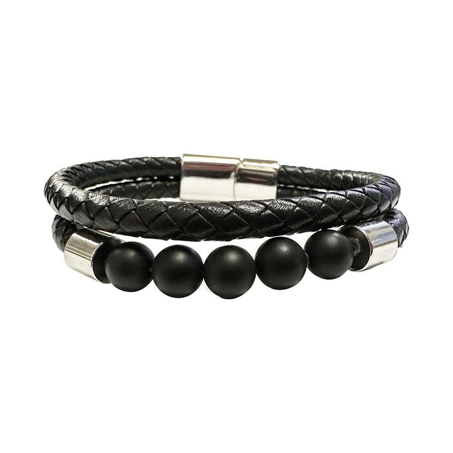 Bracelet 2 rangs de cuir et 5 perles en pierres naturelles Bracelet 2 rangs de cuir et 5 perles en pierres naturelles