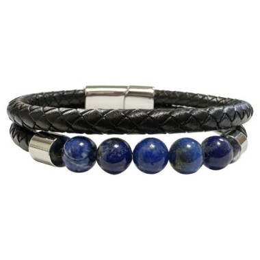 Bracelet 2 rangs de cuir et 5 perles en pierres naturelles