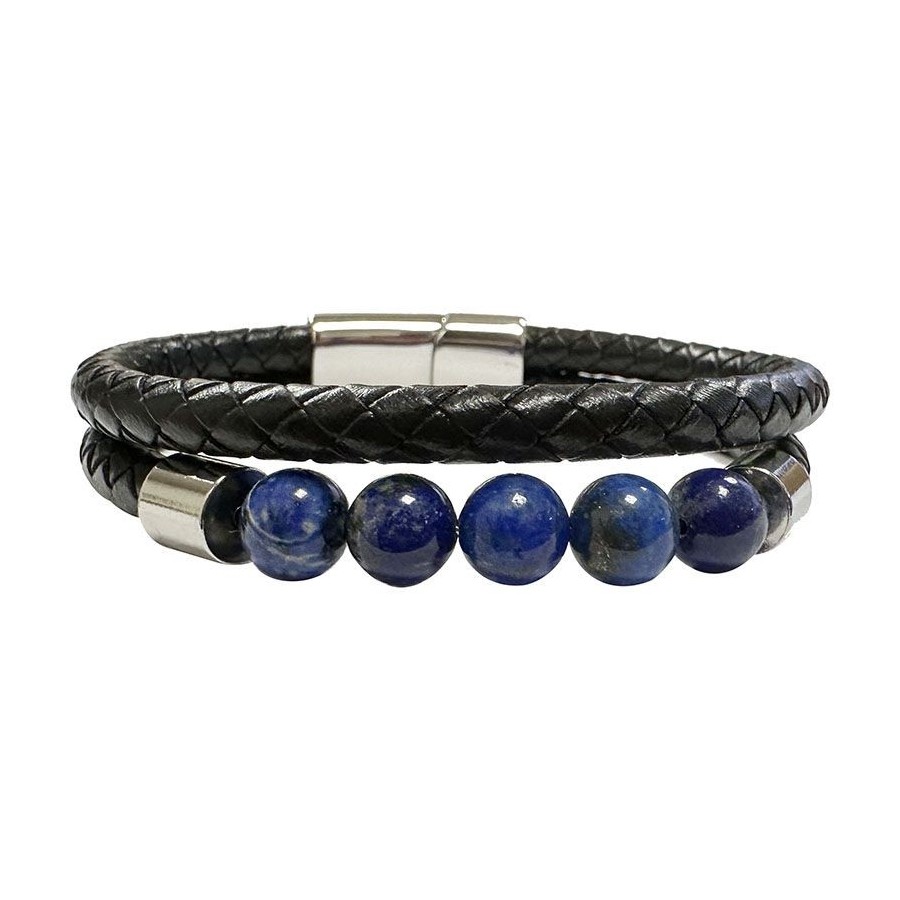 Bracelet 2 rangs de cuir et 5 perles en pierres naturelles Bracelet 2 rangs de cuir et 5 perles en pierres naturelles