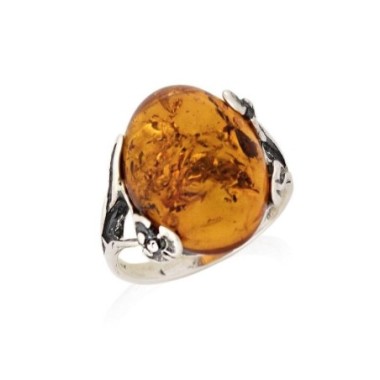 Bague  ambre cognac naturel ovale, en argent vieilli 925