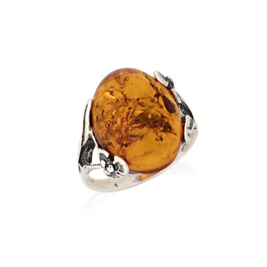 Bague  ambre cognac naturel ovale, en argent vieilli 925