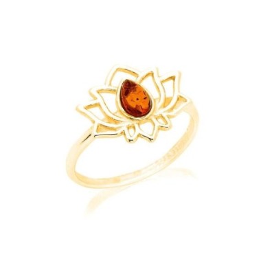 Bague lotus avec ambre cognac naturel goutte, en argent doré 925