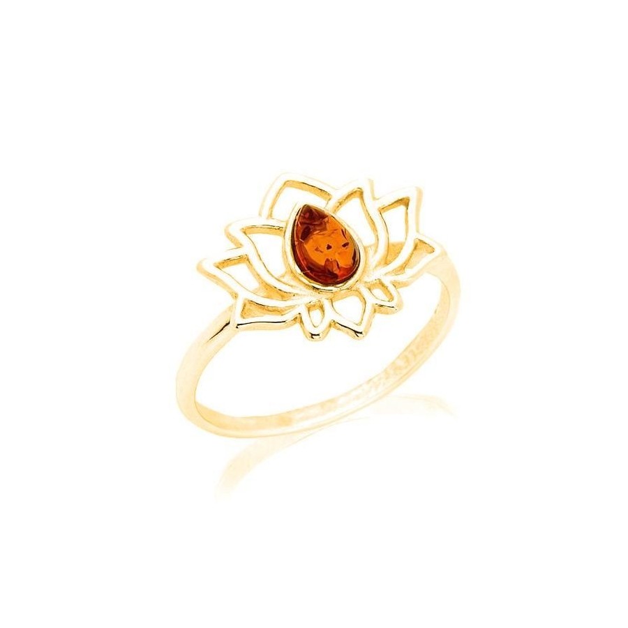 Bague lotus avec ambre cognac naturel goutte, en argent doré 925