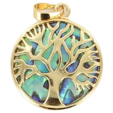 Pendentif arbre de vie métal couleur dorée fond en coquille d´ormeau