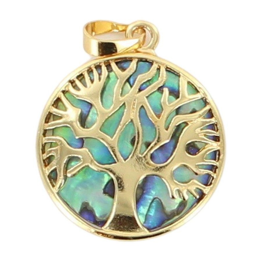 Pendentif arbre de vie métal couleur dorée fond en coquille d´ormeau