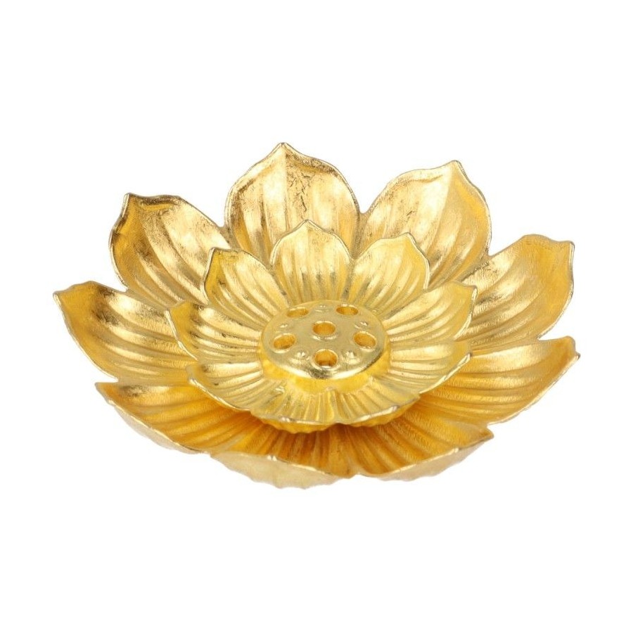 Brûle-bâtonnets lotus en zinc doré, pour plusieurs tailles de bâtonnets, Ø 5 cm.
